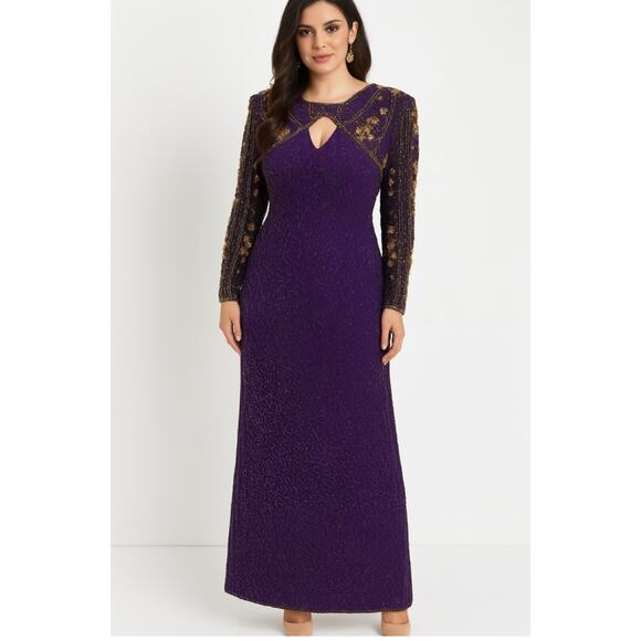Laurence Kazar Medium‎ Beaded Silk Formal Evening Gown Long Sleeve Purple Gold - Picture 1 of 7